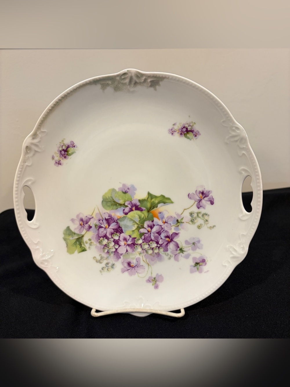 Antique German Porcelain Cake Plate Hand Painted Flowers 9.25” With Handles